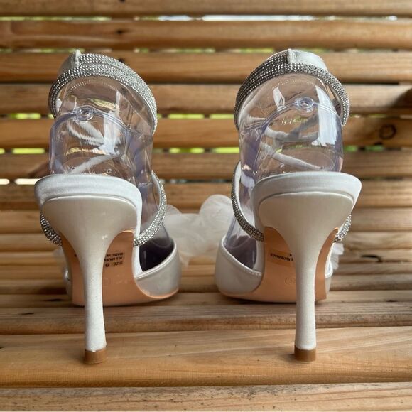 Lulus Lelanee White Satin Rhinestone Bow Ankle Strap Pumps - Picture 13 of 16